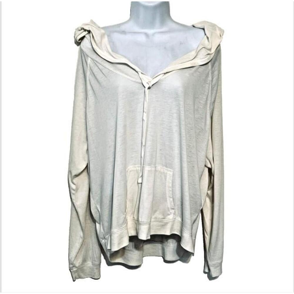 Free Press - Ivory White Front Pocket Hooded Long Sleeve Sweatshirt L